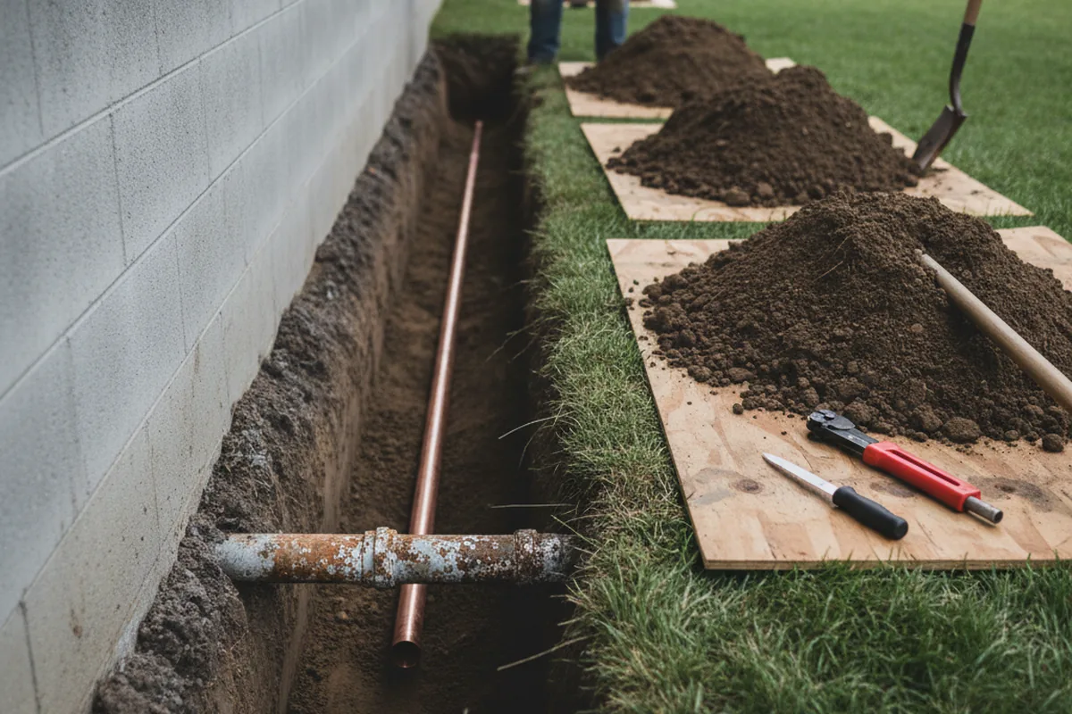 Excavated water line trench during Water Heater Repair in Diamond Springs